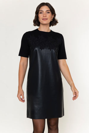 Carraig Donn Black Faux Leather Knit Lace Applique Short Sleeve Knee Length Shift Dress