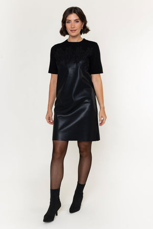 Carraig Donn Black Faux Leather Knit Lace Applique Short Sleeve Knee Length Shift Dress