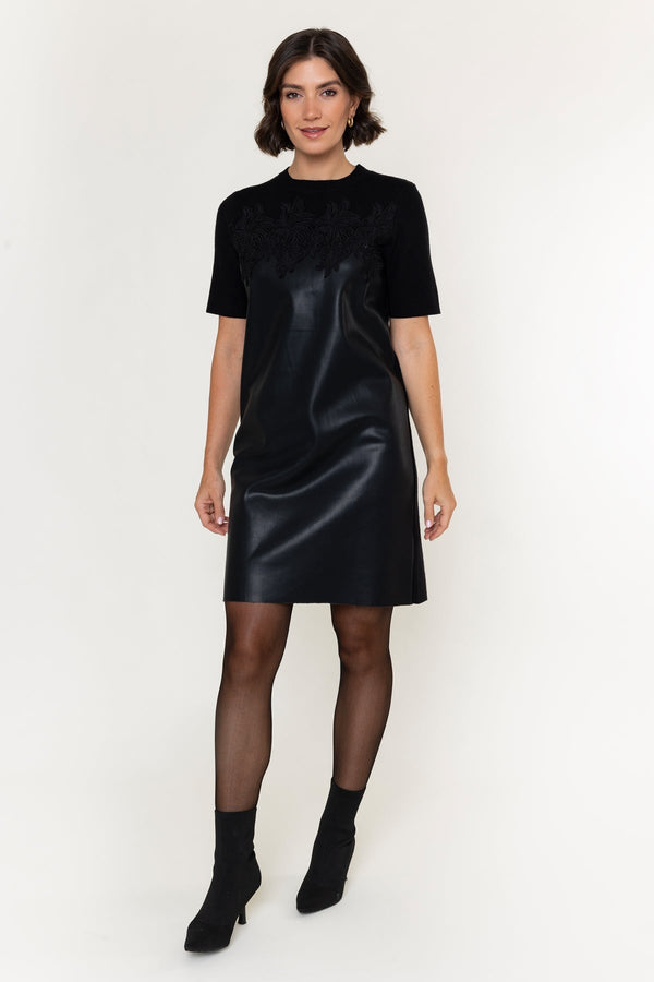 Carraig Donn Black Faux Leather Knit Lace Applique Short Sleeve Knee Length Shift Dress