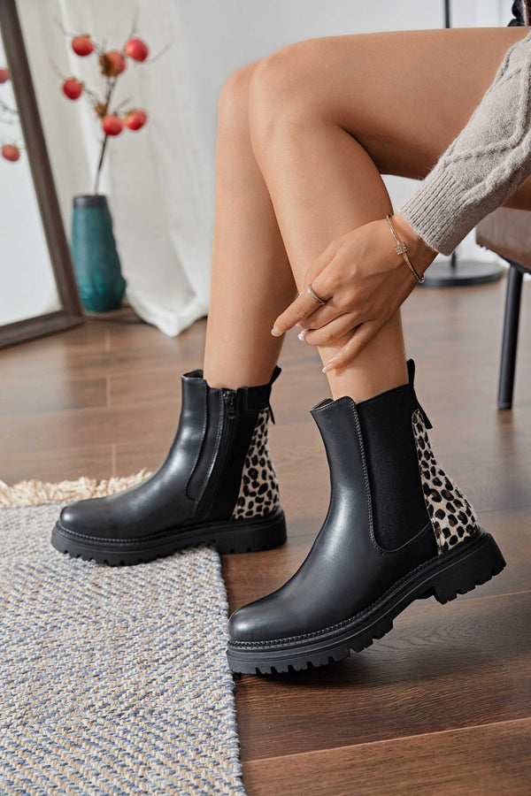 Carraig Donn Black Faux Leather Leopard Print Chelsea Ankle Boots
