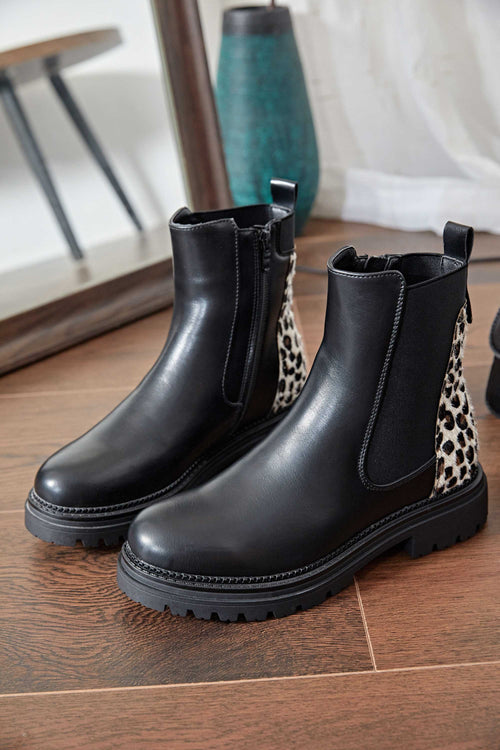 Carraig Donn Black Faux Leather Leopard Print Chelsea Ankle Boots
