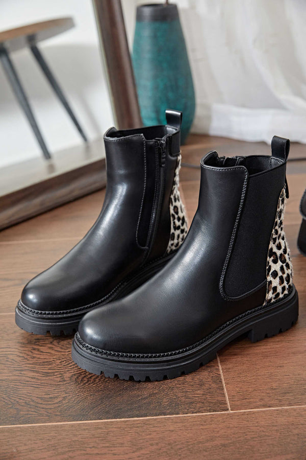 Carraig Donn Black Faux Leather Leopard Print Chelsea Ankle Boots