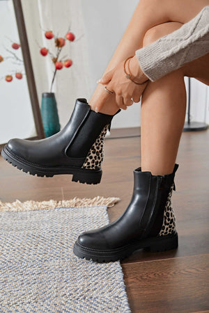Carraig Donn Black Faux Leather Leopard Print Chelsea Ankle Boots