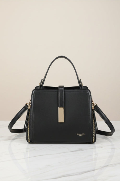 Black Faux Leather Metal Detail Top Handle Tote Bag