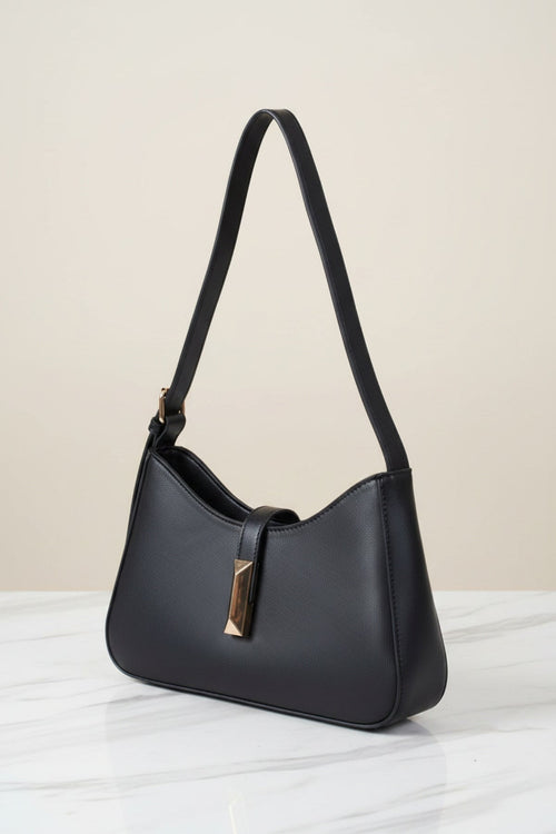 Black Faux Leather Square Metal Buckle Detail Shoulder Bag