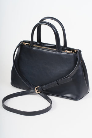 Carraig Donn Black Faux Leather X Shaped Buckle Top Handle Bag