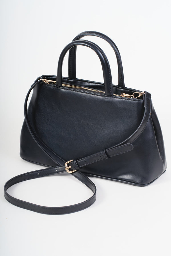 Carraig Donn Black Faux Leather X Shaped Buckle Top Handle Bag