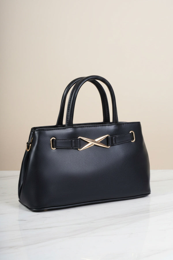 Carraig Donn Black Faux Leather X Shaped Buckle Top Handle Bag