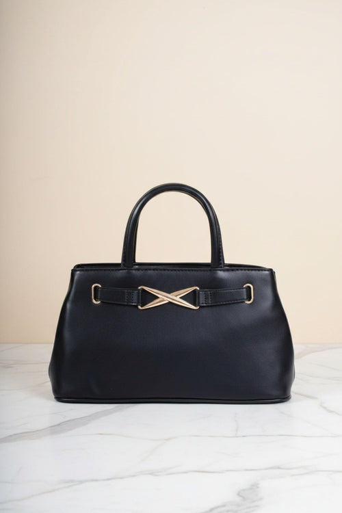 Black Faux Leather X Shaped Buckle Top Handle Bag