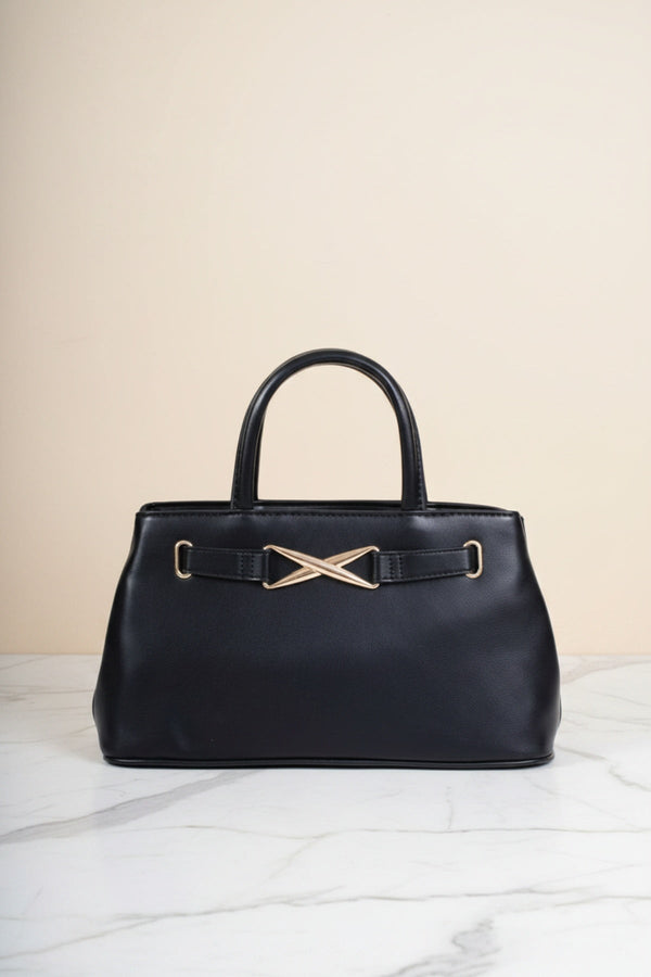 Carraig Donn Black Faux Leather X Shaped Buckle Top Handle Bag