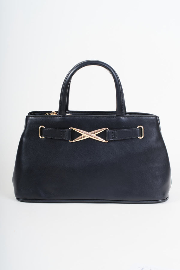 Carraig Donn Black Faux Leather X Shaped Buckle Top Handle Bag
