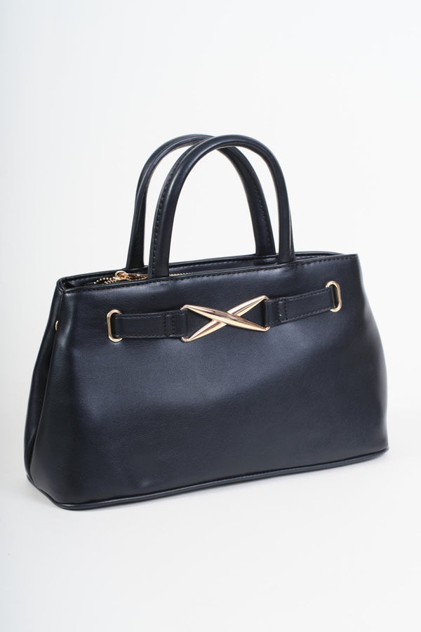 Carraig Donn Black Faux Leather X Shaped Buckle Top Handle Bag