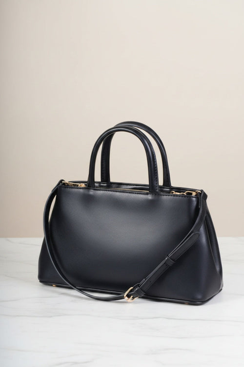 Carraig Donn Black Faux Leather X Shaped Buckle Top Handle Bag