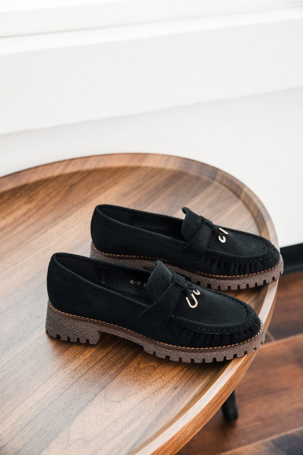 Carraig Donn Black Faux Suede Charm Detail Chunky Sole Loafers
