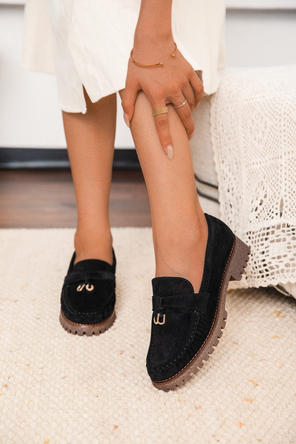 Carraig Donn Black Faux Suede Charm Detail Chunky Sole Loafers