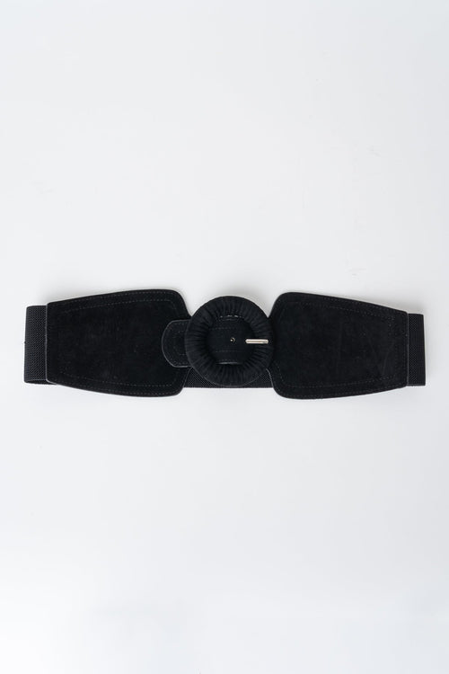 Black Faux Suede Circle Buckle Elasticated Belt
