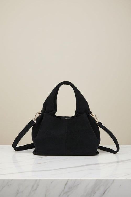 Black Faux Suede Pleated Top Handle Bag
