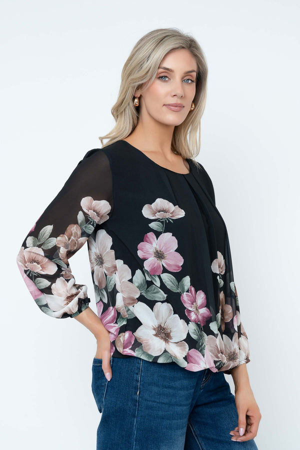 Carraig Donn Black Floral Print Chiffon Long Sleeve Blouse