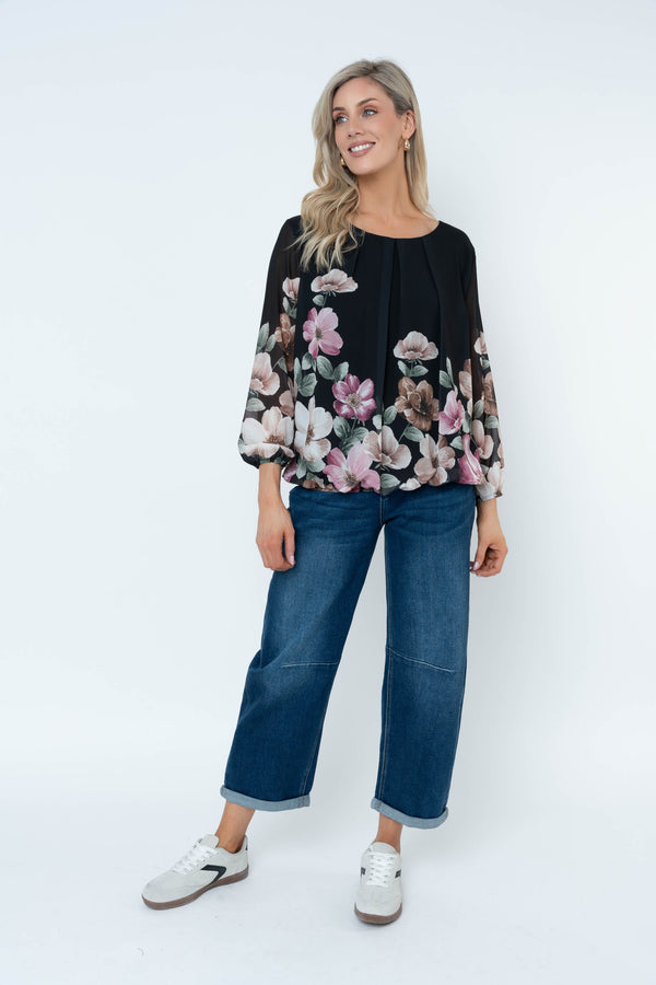 Carraig Donn Black Floral Print Chiffon Long Sleeve Blouse