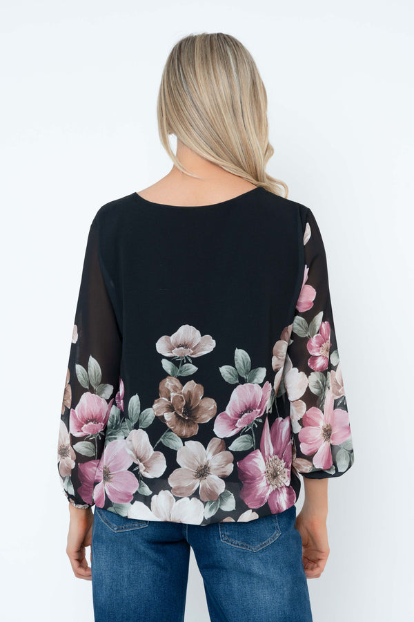 Carraig Donn Black Floral Print Chiffon Long Sleeve Blouse
