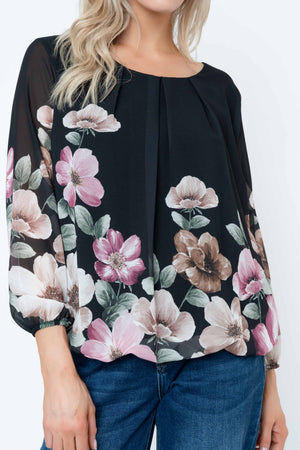 Carraig Donn Black Floral Print Chiffon Long Sleeve Blouse