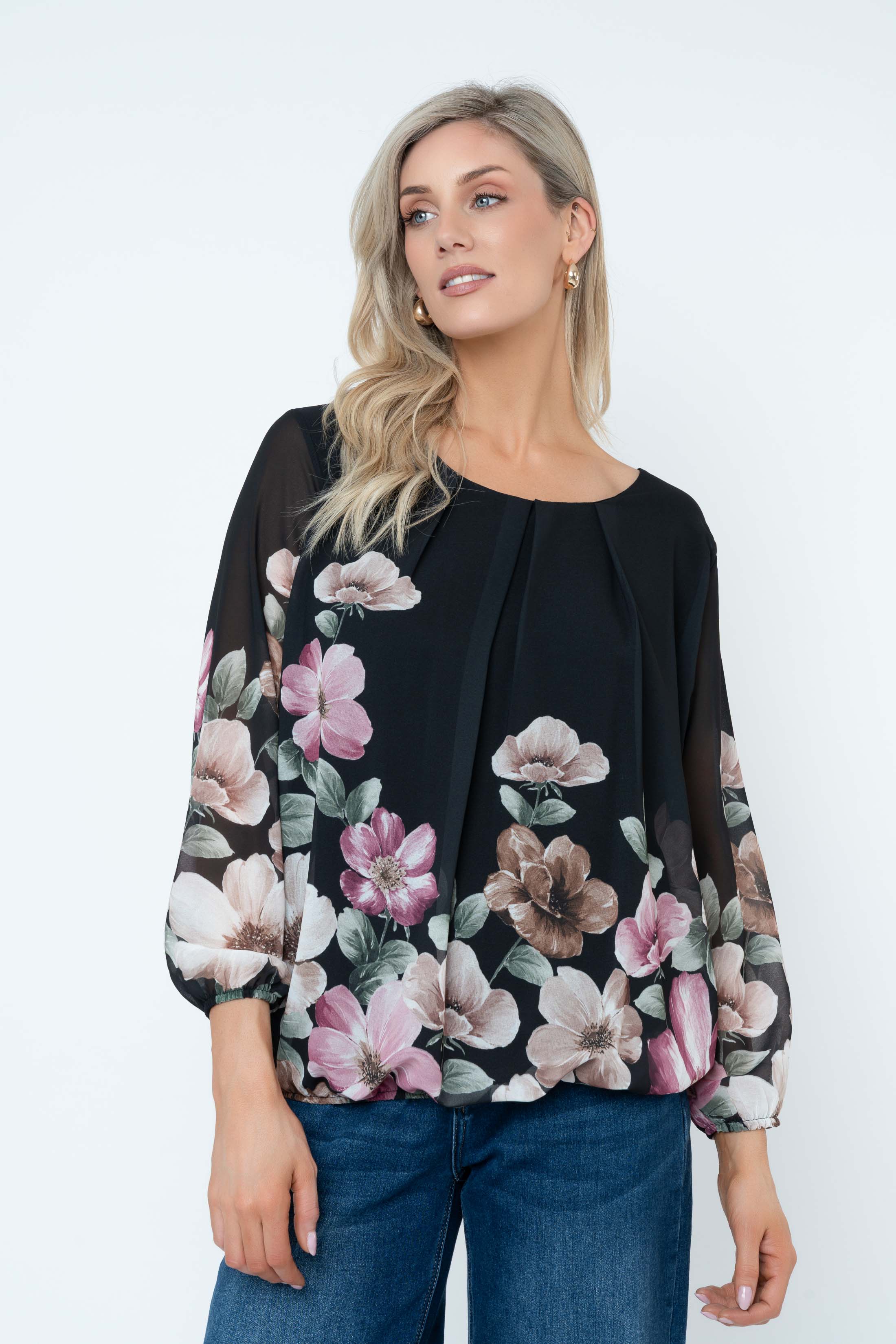 Black Floral Print Chiffon Long Sleeve Blouse