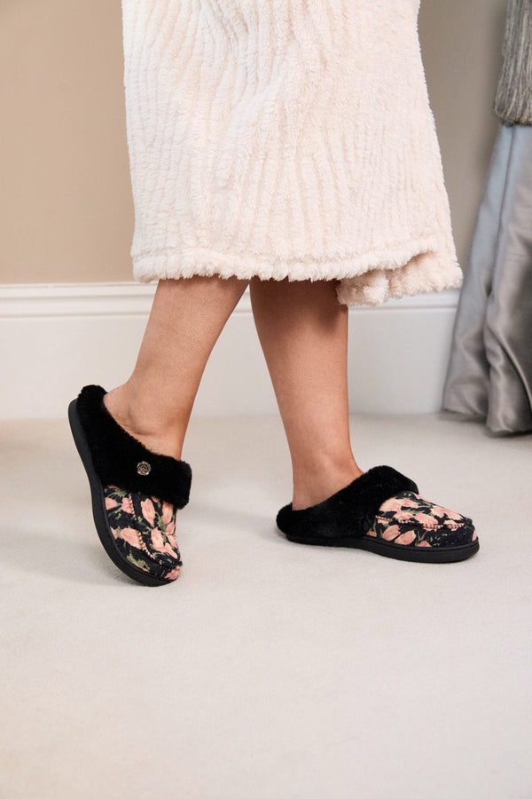 Carraig Donn Black Floral Print Faux Fur Trim Mule Slippers