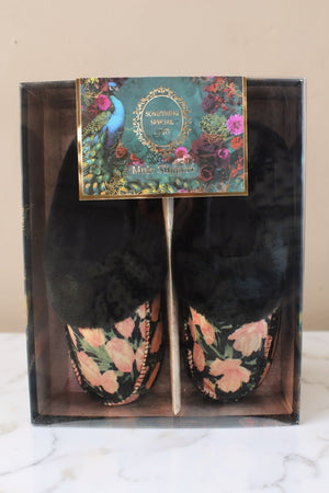 Carraig Donn Black Floral Print Faux Fur Trim Mule Slippers