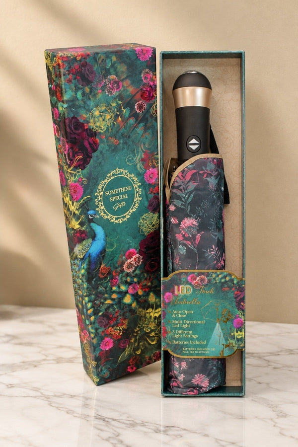 Carraig Donn Black Floral Print LED Torch Umbrella
