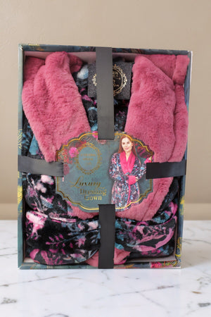 Carraig Donn Black Floral Print Plush Fleece Faux Fur Collar Dressing Gown