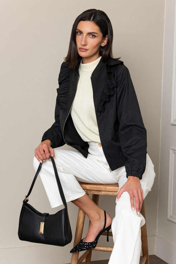 Carraig Donn Black Frill Detail Long Sleeve Bomber Jacket