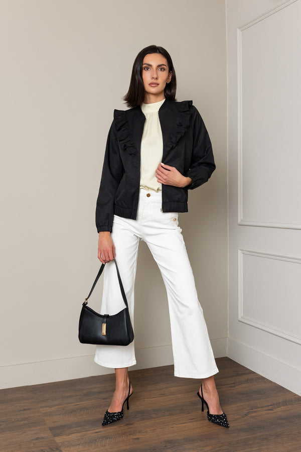 Carraig Donn Black Frill Detail Long Sleeve Bomber Jacket