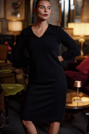 Carraig Donn Black Frill Sleeve V Neck Knee Length Dress