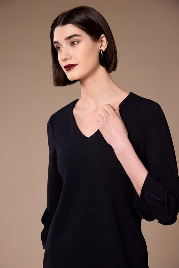 Carraig Donn Black Frill Sleeve V Neck Knee Length Dress