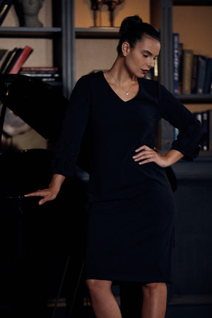 Carraig Donn Black Frill Sleeve V Neck Knee Length Dress