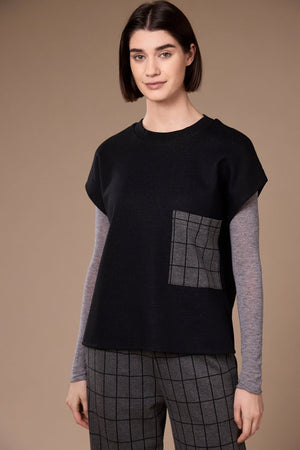 Carraig Donn Black Grid Pocket Round Neck Short Sleeved Top