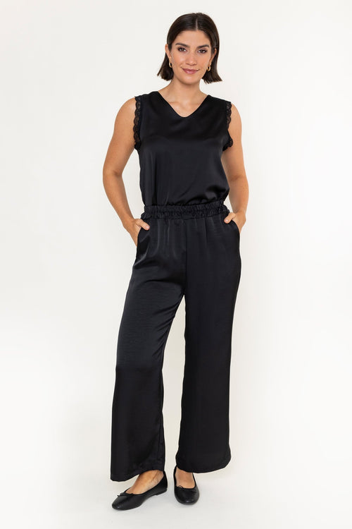 Black Heavy Sateen Elasticated High Waisted Trousers