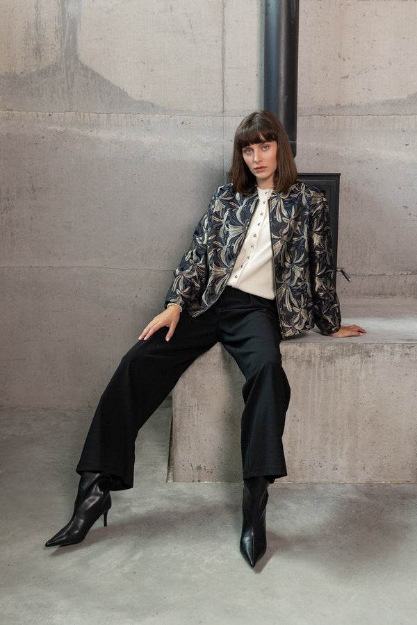 Carraig Donn Black Jacquard Floral Zip Fastening Bomber Jacket