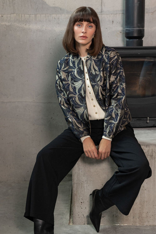Black Jacquard Floral Zip Fastening Bomber Jacket