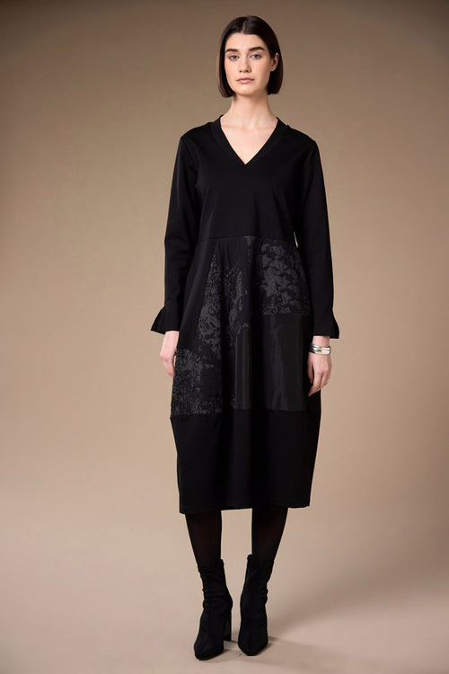 Black Jaquard Appliquee Long Sleeve Midi Dress