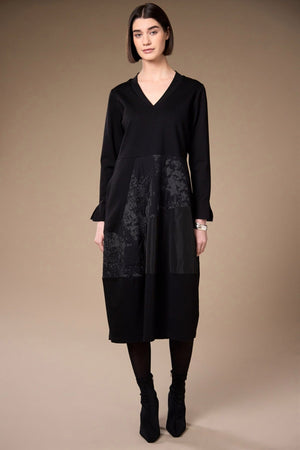 Carraig Donn Black Jaquard Appliquee Long Sleeve Midi Dress