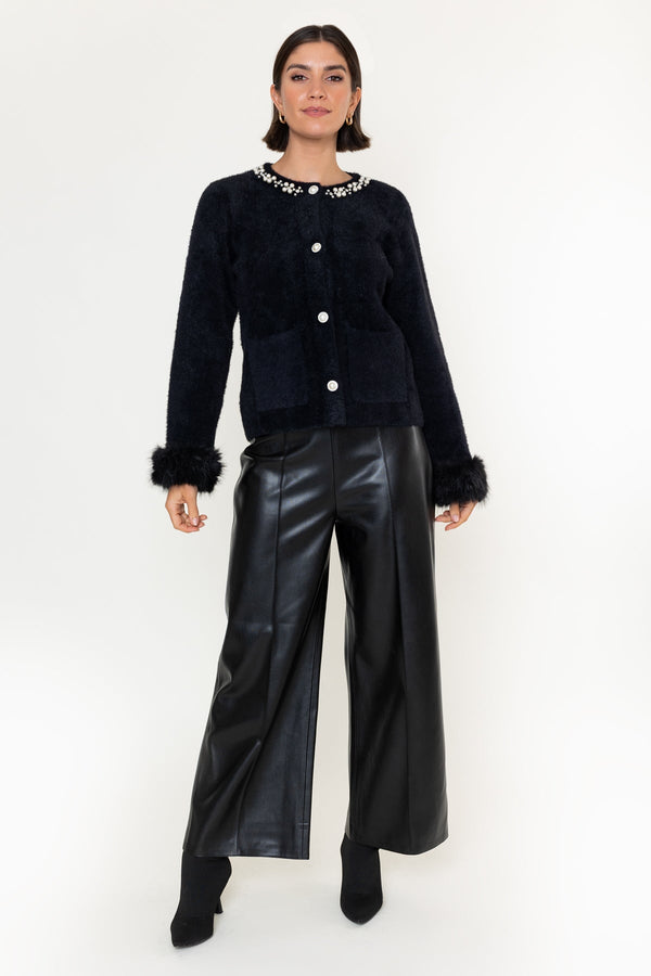 Carraig Donn Black Knit Embellished Collar Faux Fur Cuff Cardigan