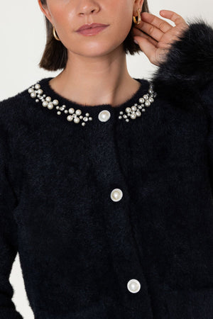 Carraig Donn Black Knit Embellished Collar Faux Fur Cuff Cardigan
