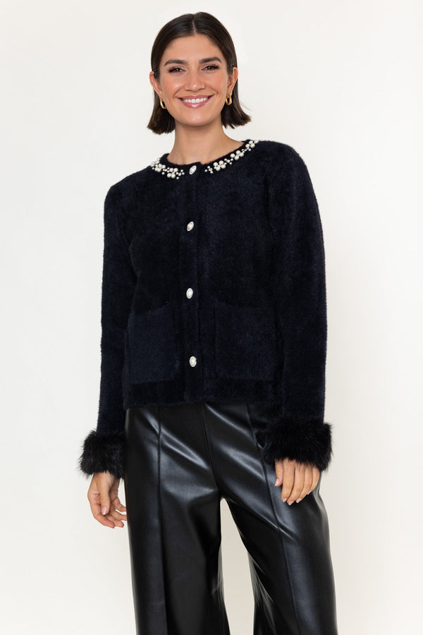 Carraig Donn Black Knit Embellished Collar Faux Fur Cuff Cardigan