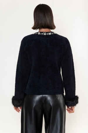 Carraig Donn Black Knit Embellished Collar Faux Fur Cuff Cardigan