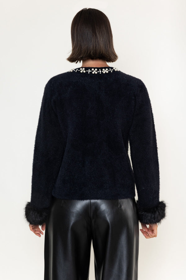Carraig Donn Black Knit Embellished Collar Faux Fur Cuff Cardigan