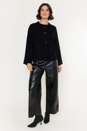 Carraig Donn Black Knit Velvet Trim And Beaded Buttons Cardigan