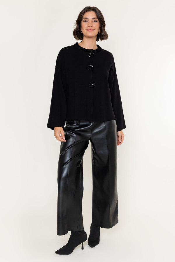 Carraig Donn Black Knit Velvet Trim And Beaded Buttons Cardigan