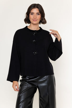 Carraig Donn Black Knit Velvet Trim And Beaded Buttons Cardigan