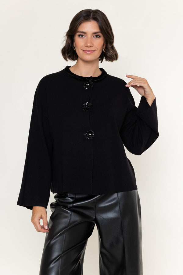 Carraig Donn Black Knit Velvet Trim And Beaded Buttons Cardigan